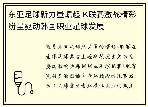 东亚足球新力量崛起 K联赛激战精彩纷呈驱动韩国职业足球发展 东亚足球新力量崛起 K联赛激战精彩纷呈驱动韩国职业足球发展